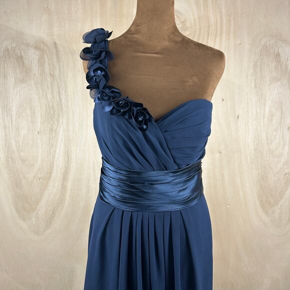 Bill Levkoff Navy One Shoulder Gown 8 Floral Strap Formal Wedding - Picture 3 of 8